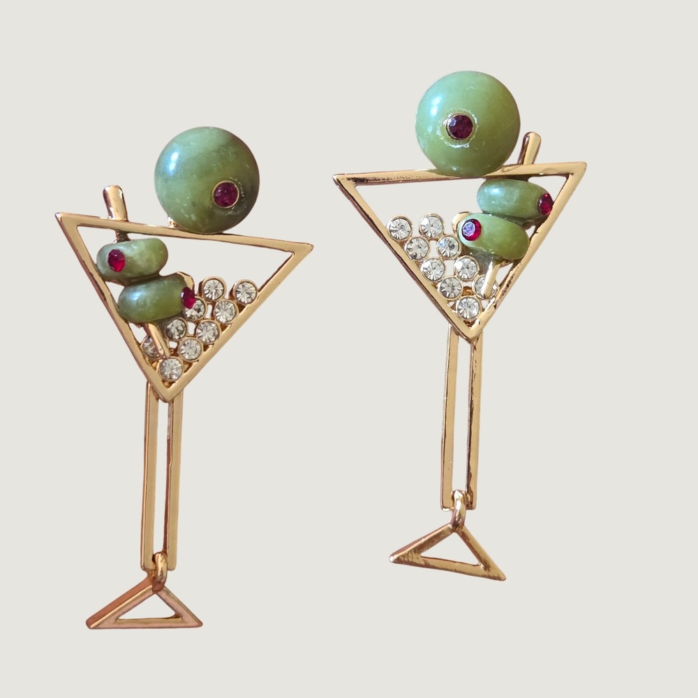 Baublebar Gold Martini Glass Drop Earrings Green Olive Rhinestone Novelty